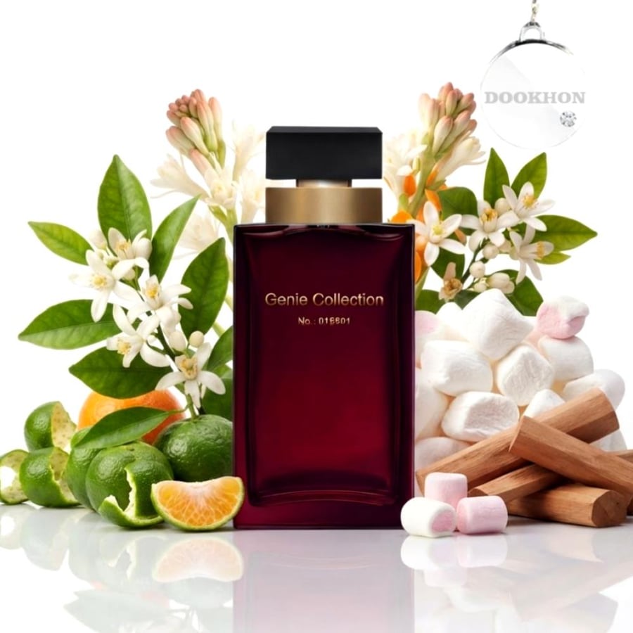 عطر جيني كولكشن 25 مل محاط بمكونات اليوسفي والزهور البيضاء والمارشميلو