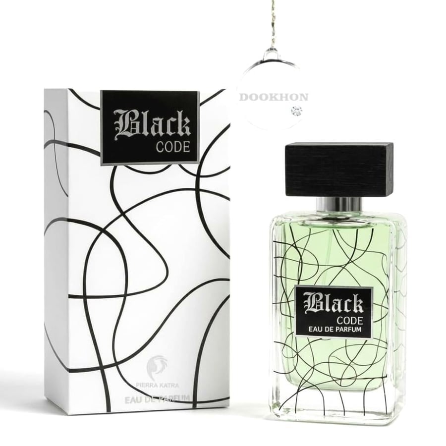 عطر بلاك كود الرجالي 100 مل مع العلبة البيضاء المزينة بالخطوط السوداء