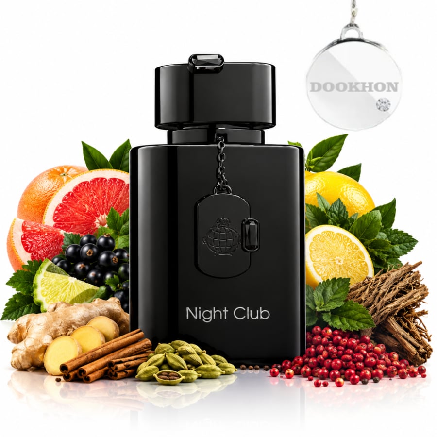 عطر نايت كلوب الأسود 100 مل محاط بمكونات الحمضيات والتوابل والزنجبيل و