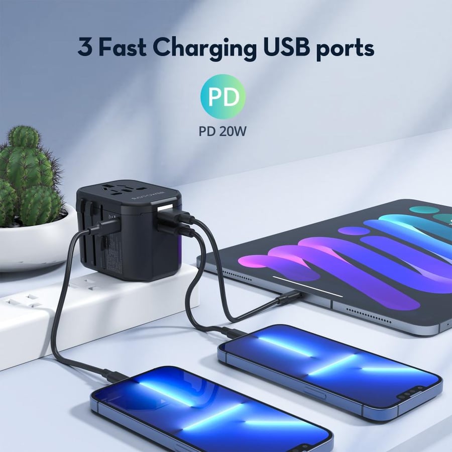 فيش سفر راف باور بقوة 20 واط متعدد المداخل مع منفذين USB ومنفذ تايب سي - أسود