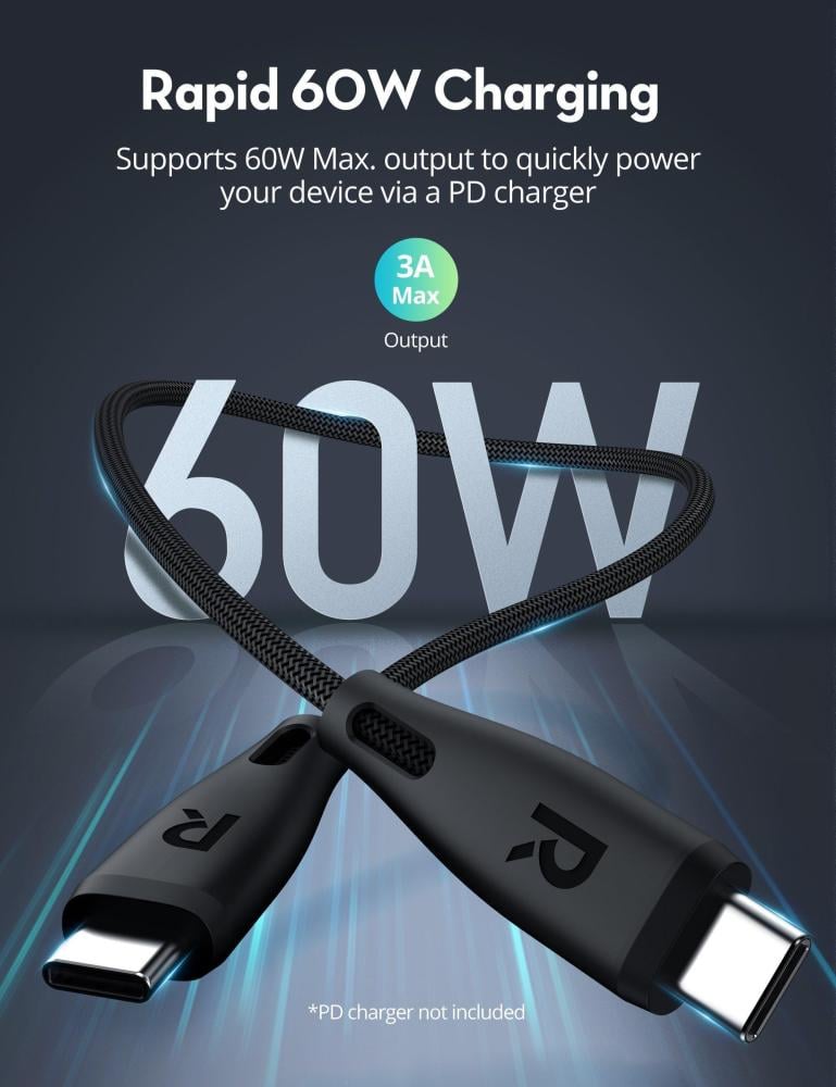 كابل شحن سريع من RAVPower بقدرة 60 واط، من النوع C إلى النوع C، بطول 1.2 متر - أسود