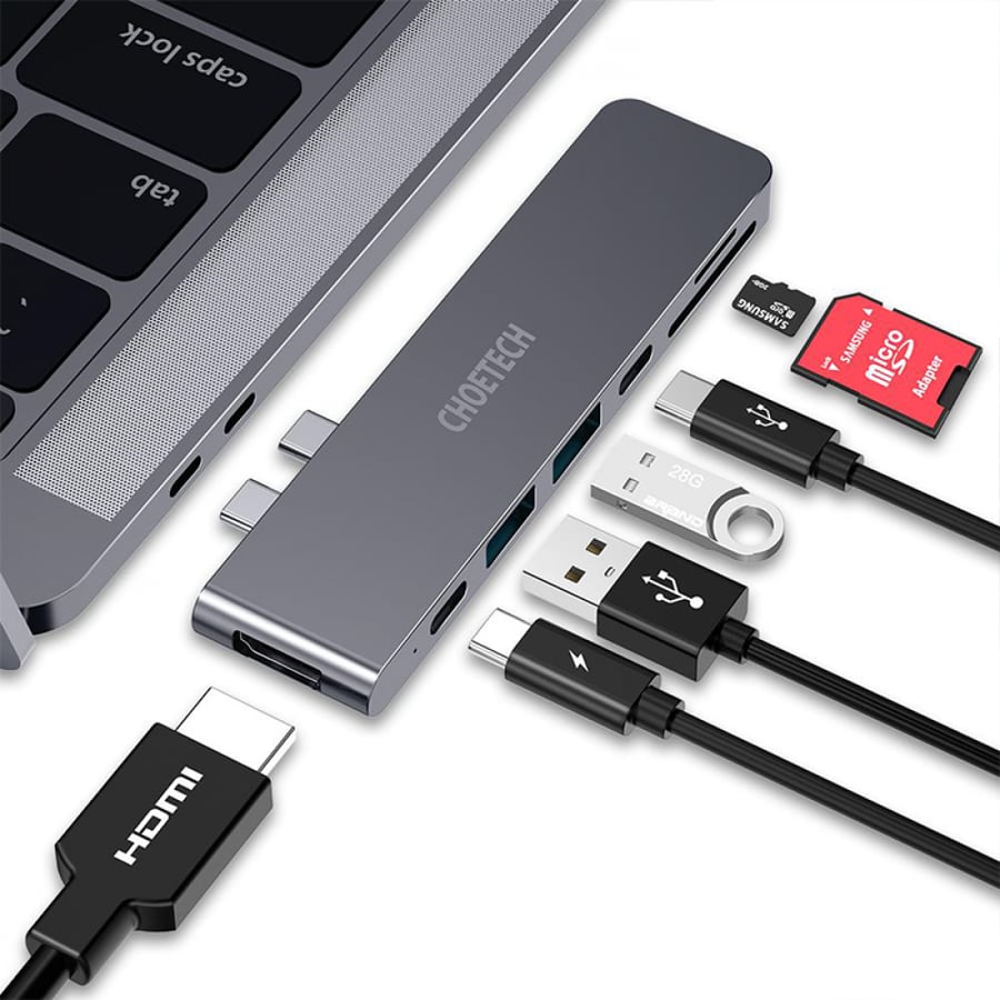 وصلة تشويتيك محول 7×1 من ثنائي USB-C إلى 7 منافذ متنوعة - رمادي