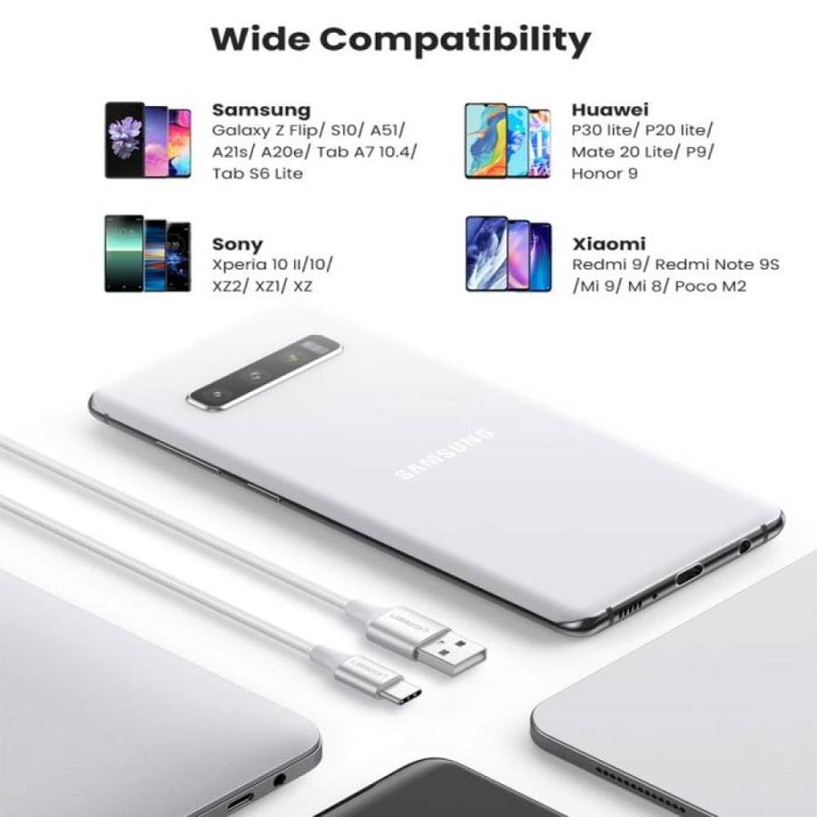 كيبل يوجرين USB-A to USB-C بطول 1 متر قماش - أبيض