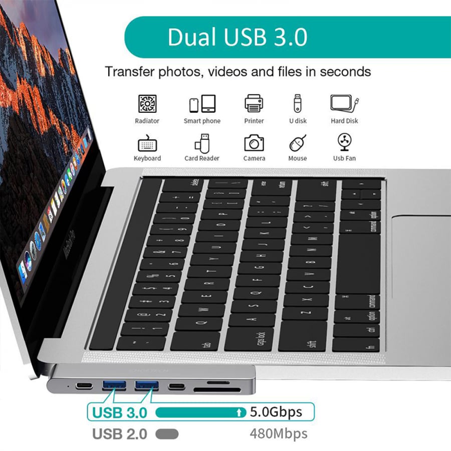 وصلة تشويتيك محول 7×1 من ثنائي USB-C إلى 7 منافذ متنوعة - رمادي