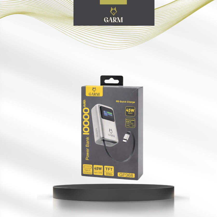 Portable charger with 10000 mAh capacity, with display screen and built-in Type-C cable - from Karam