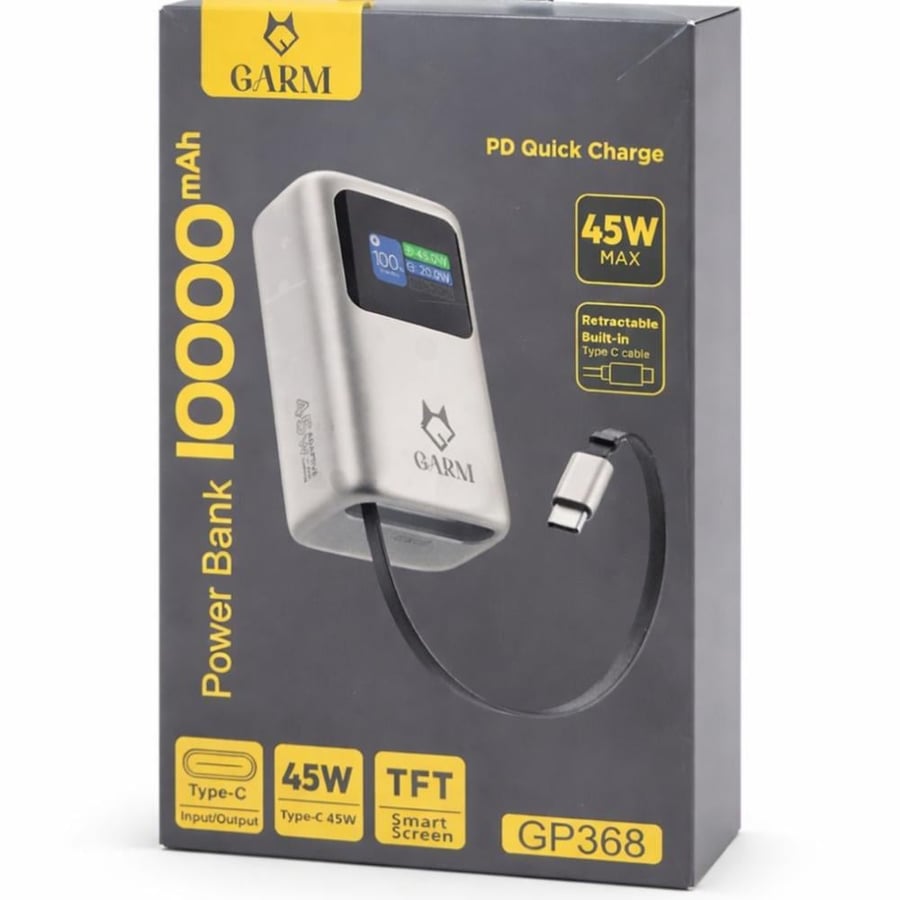 Portable charger with 10000 mAh capacity, with display screen and built-in Type-C cable - from Karam