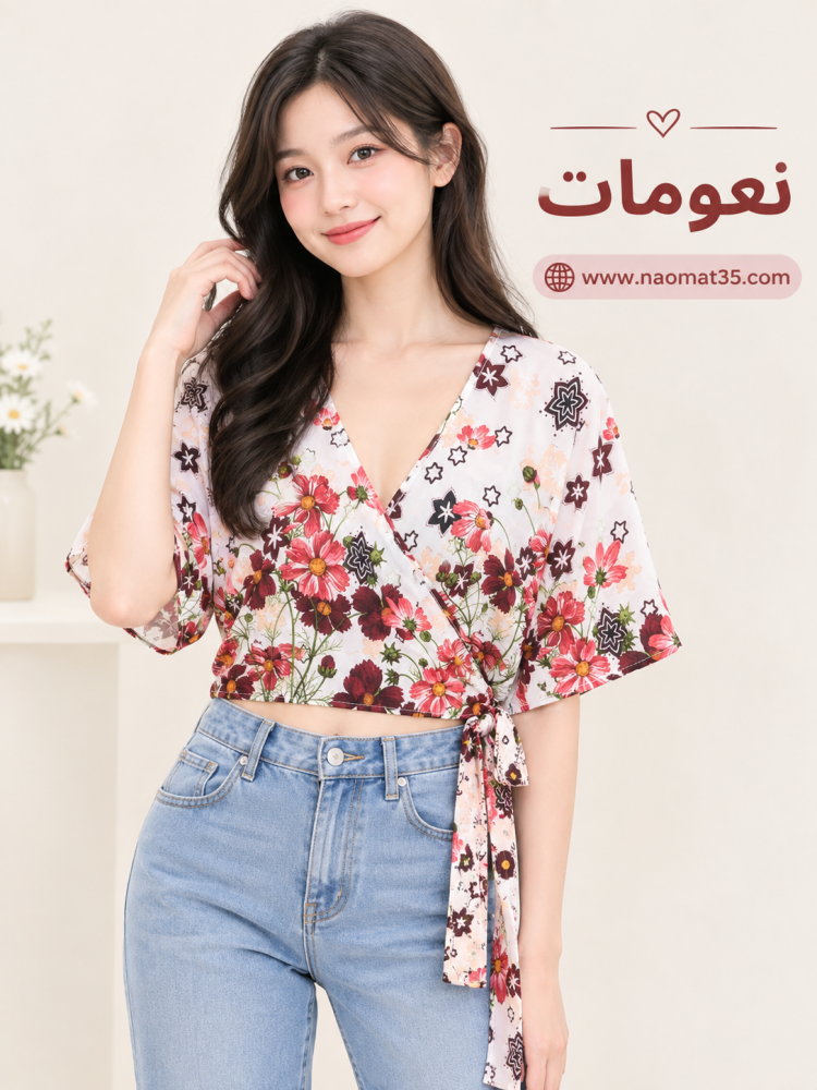 بلوزة قصيرة مفتوحة ناعمة بنقوش الأزهار الجذابة ,