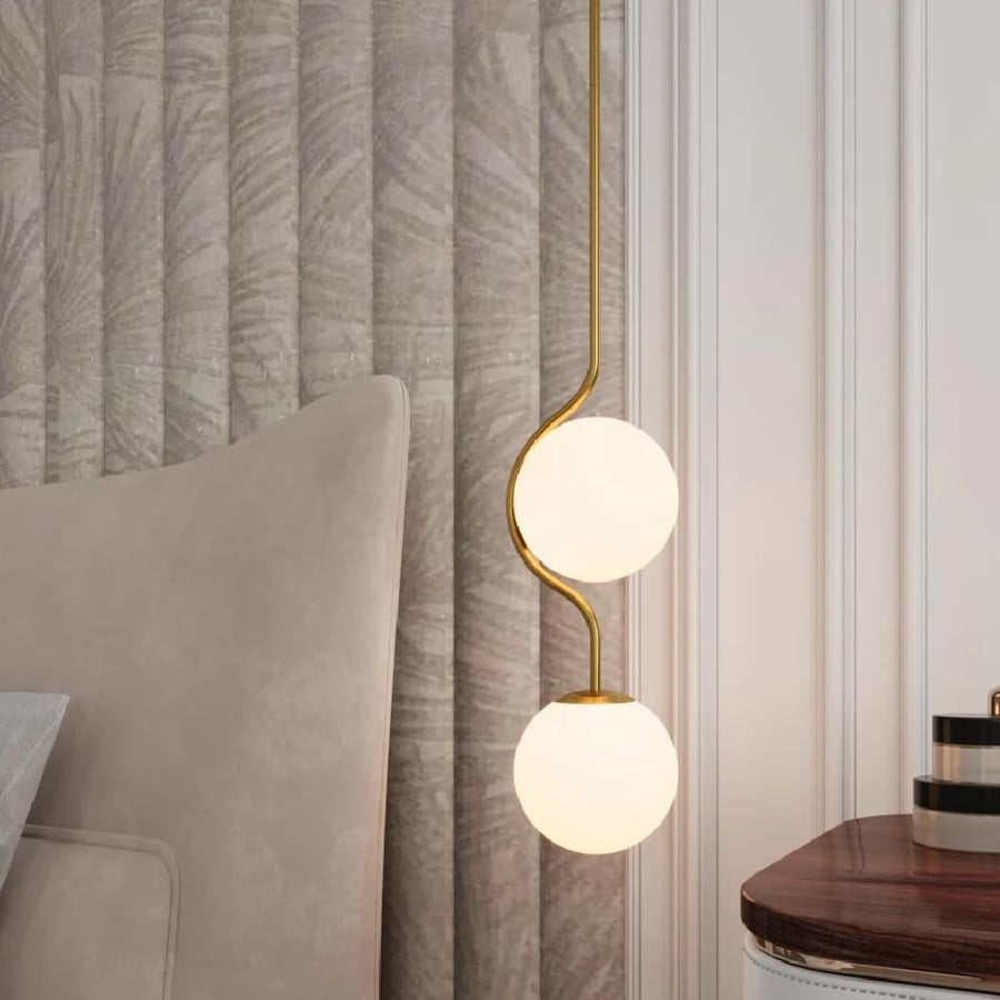 Modern golden zigzag chandelier with two circle lamps