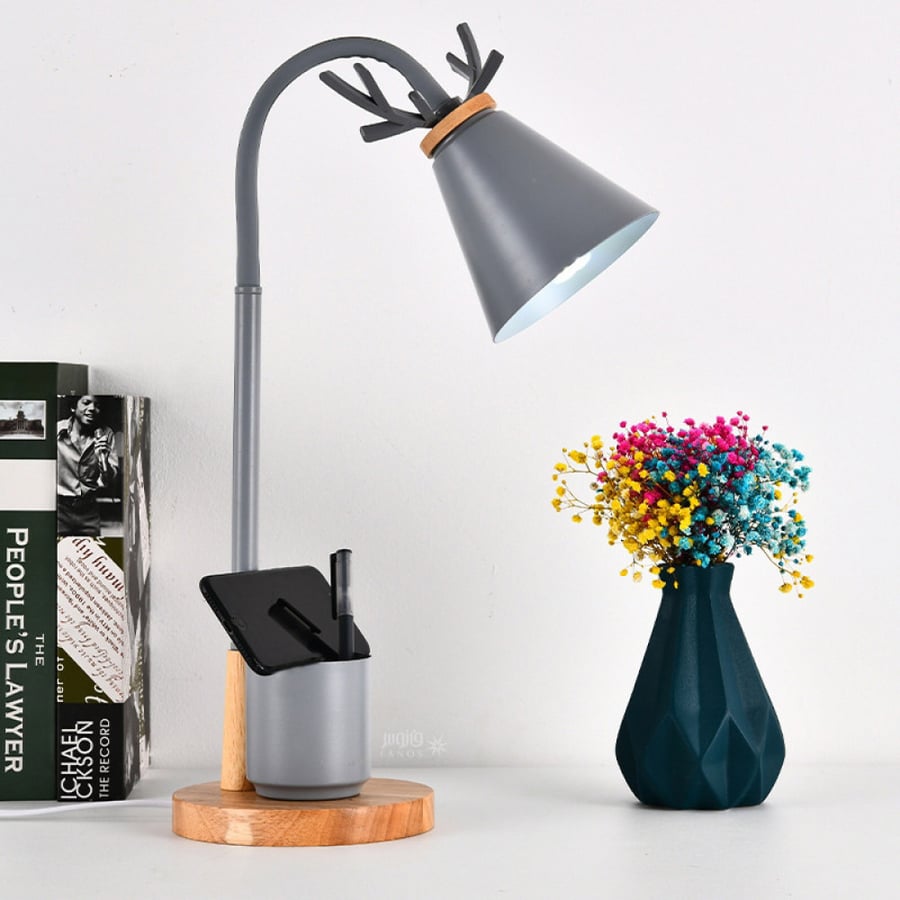 Gray lamp shade with wooden base and box