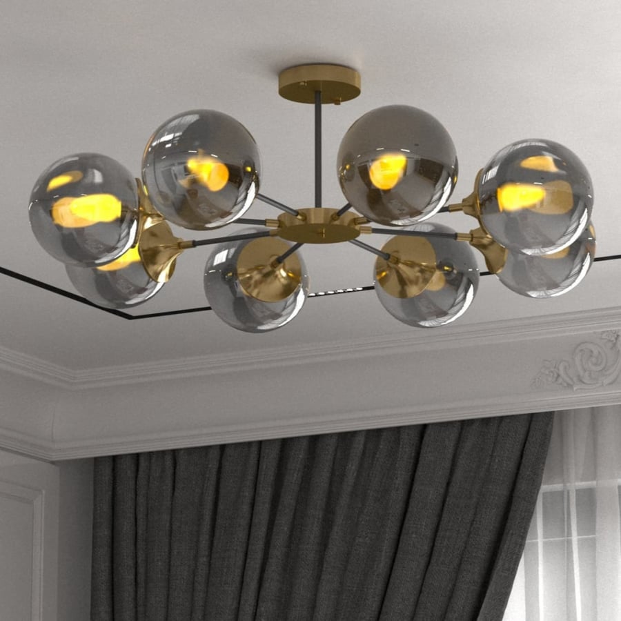 Modern chandelier with gold base and 8 glass balls