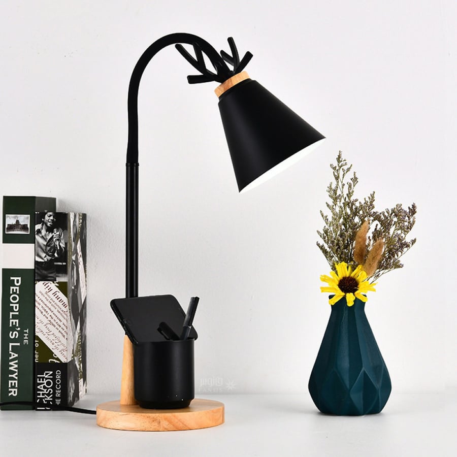Black lamp with wooden base and box