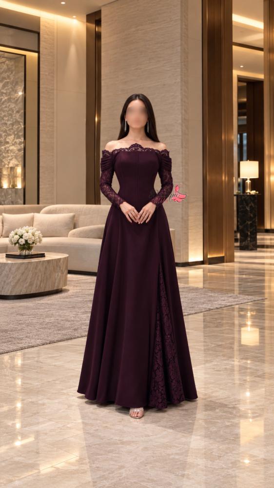 فستان عنابي كورسيه مع دانتيل باكمام طويله