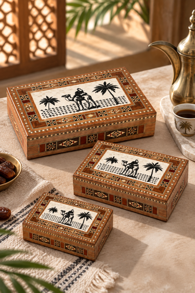 طقم 3 صناديق خشبية مزخرفة بتصميم تراثي