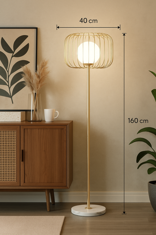 مصباح أرضي ستاند ذهبي بقاعدة رخامية وتصميم عصري