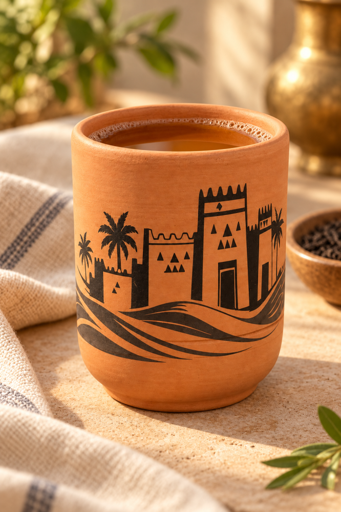 كوب فخار برسمة بيوت تراثية ونخيل