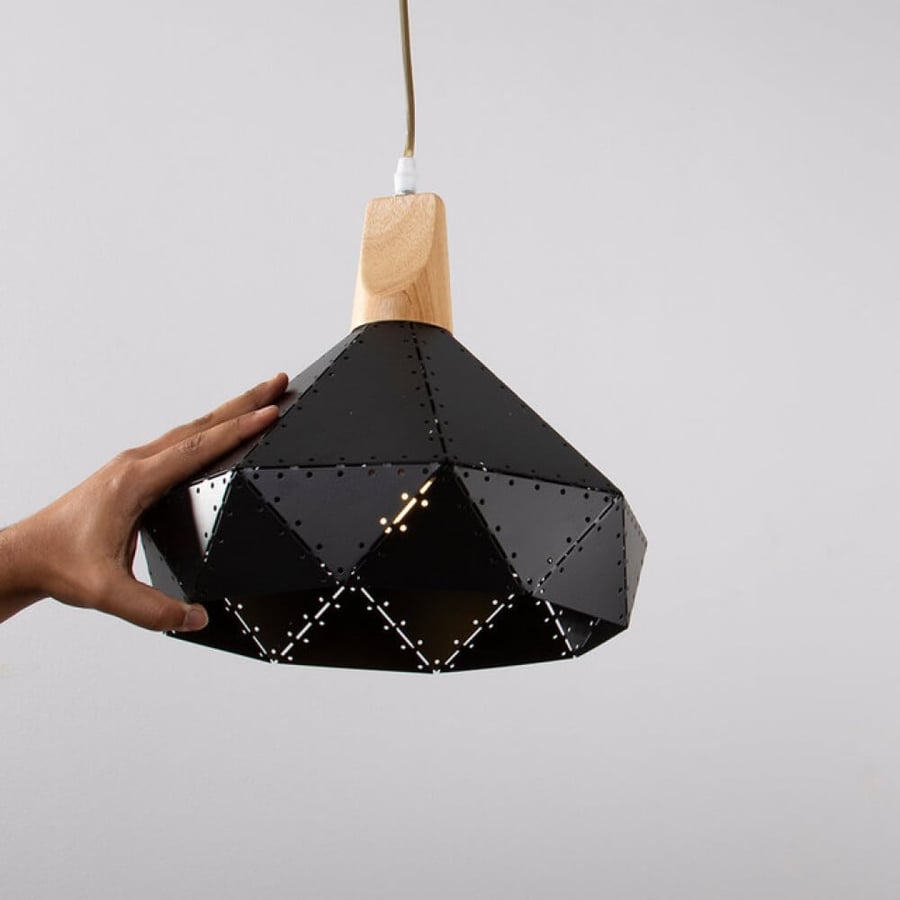 Perforated iron hanger chandelier with wood base