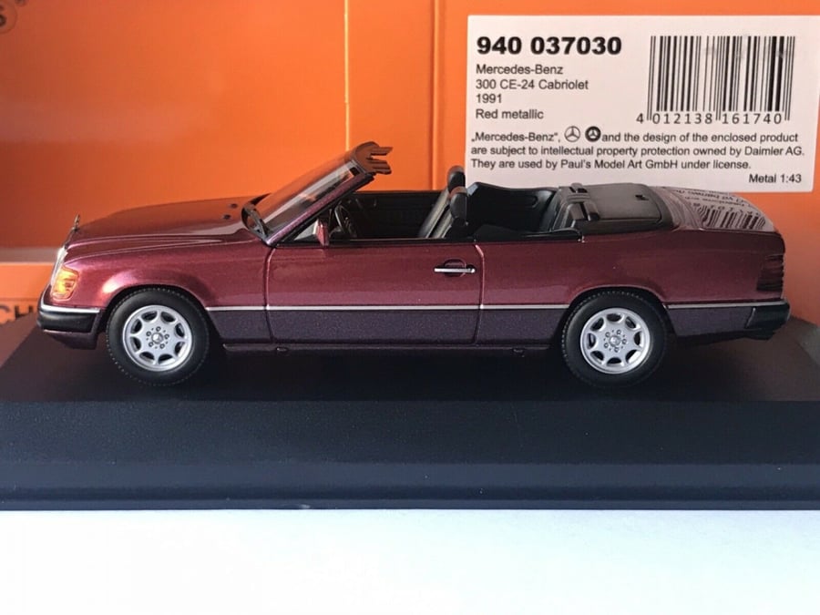 RARE Mercedes-Benz E-Class 300CE 24V (A124) Cabriolet 1991 Dark Red 1:43 Minichamps 940037030