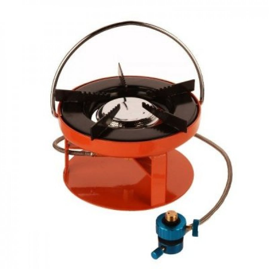 A round gas stove for trips, orange, connected via strong and practical gas hose, easy to use, easy to carry, install, and fix.