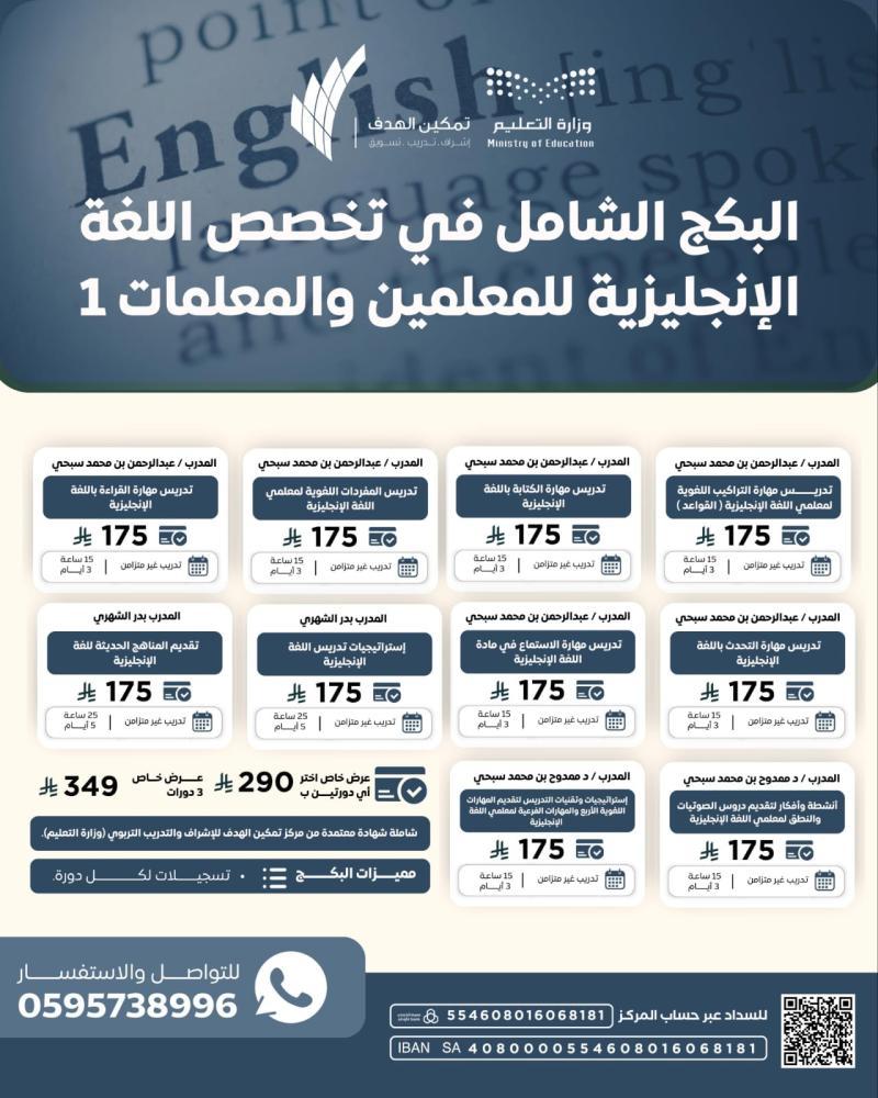 The comprehensive package in the English language specialization for male and female teachers (choose two courses)