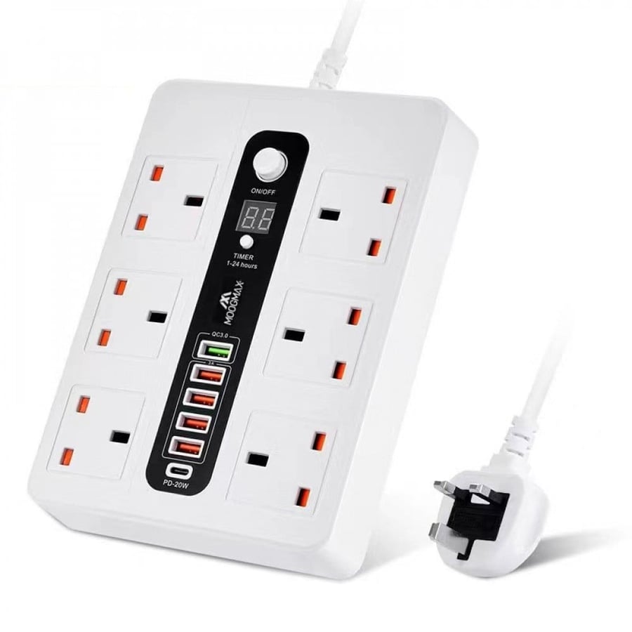 A 6-in-6 connection that contains 6 electrical outlets, 5 smart and fast charging ports, and a 20-watt PD fast charging port with a timer and safety separator, with very high quality, safety and guarantee.