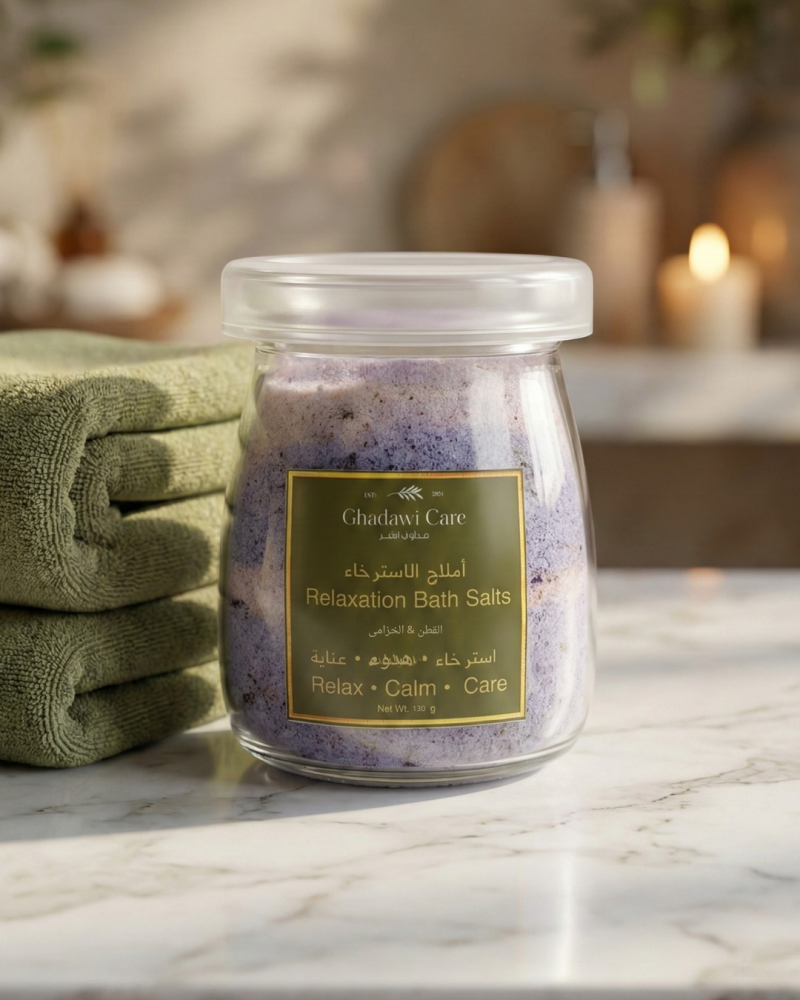 أملاح استرخاء بنفسجية داخل عبوة زجاجية بغطاء خشبي – Ghadawi Care
