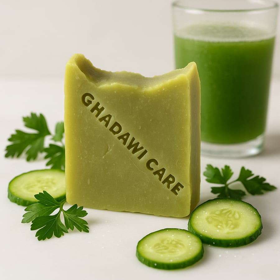 صابون البقدونس والخيار الطبيعي مع شرائح خيار وأوراق خضراء–Ghadawi Care