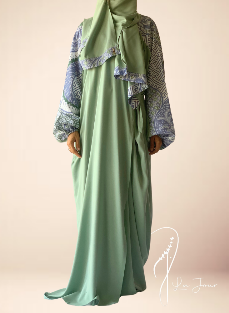 227002 Green and blue batik prayer shawl with attached scarf.