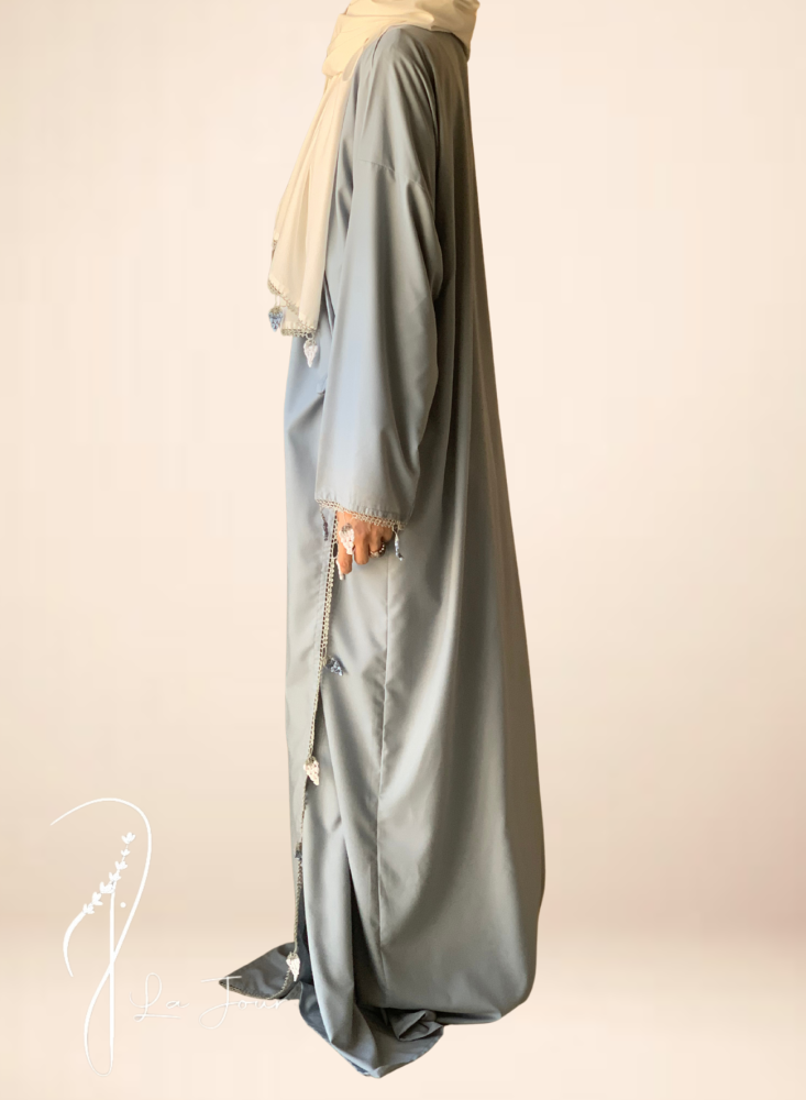 Gray and blue wrap prayer jalabiya decorated with crochet grape clusters