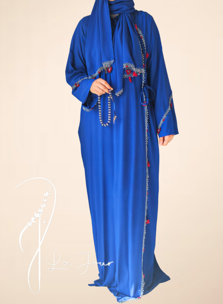 شرشف صلاة لف أزرق قطن كروشيه وردة