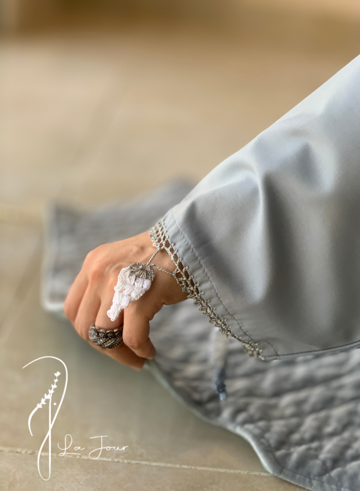 Gray and blue wrap prayer jalabiya decorated with crochet grape clusters