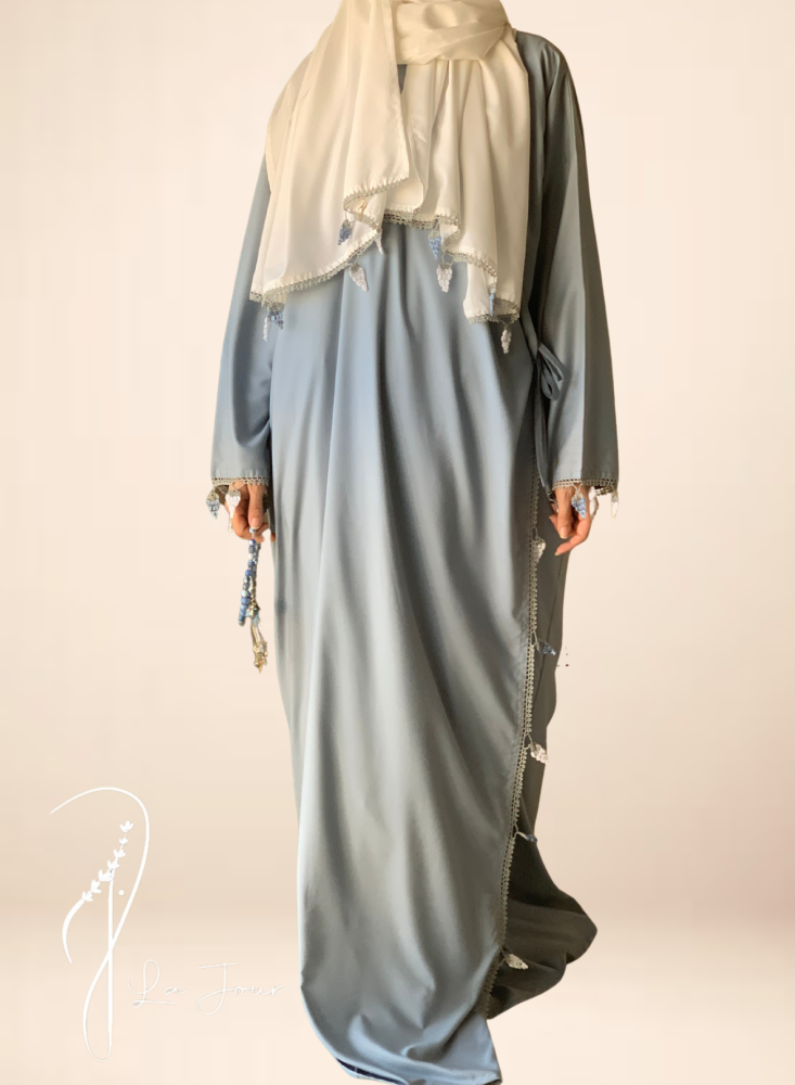 Gray and blue wrap prayer jalabiya decorated with crochet grape clusters