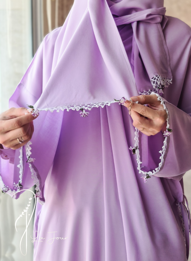 Light purple crochet prayer shawl with oya roses and attached scarf.