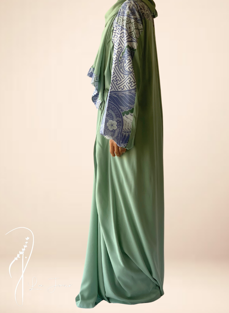 227002 Green and blue batik prayer shawl with attached scarf.