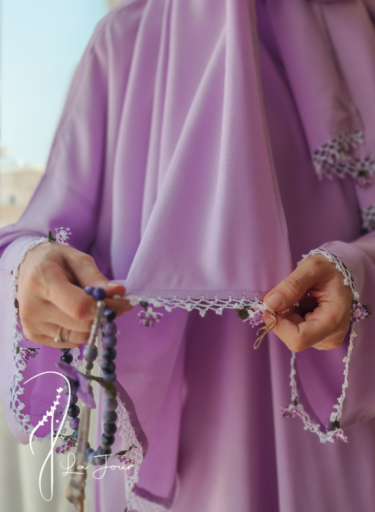 Light purple crochet prayer shawl with oya roses and attached scarf.