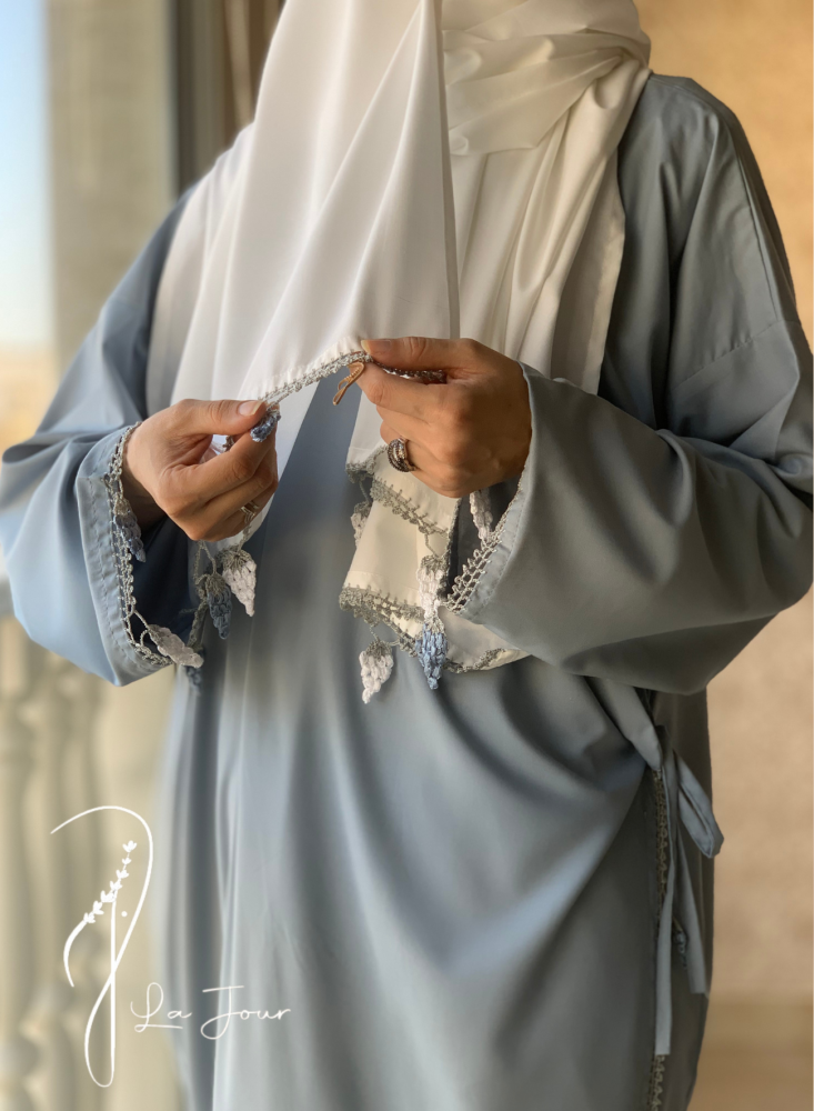 Gray and blue wrap prayer jalabiya decorated with crochet grape clusters