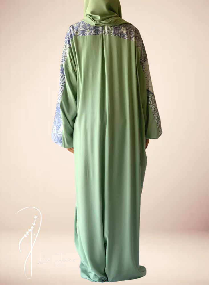 227002 Green and blue batik prayer shawl with attached scarf.