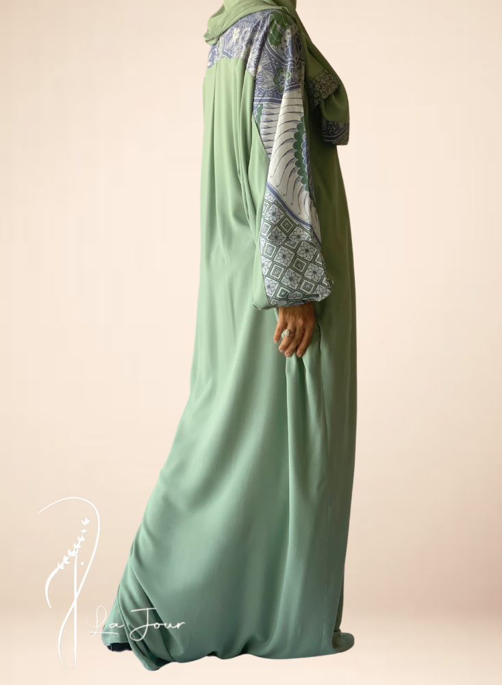 227002 Green and blue batik prayer shawl with attached scarf.