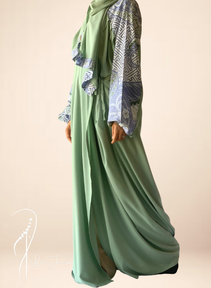 227002 Green and blue batik prayer shawl with attached scarf.