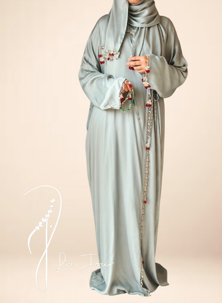 شرشف صلاة اخضر على رمادي كروشيه كرز قطن ستان