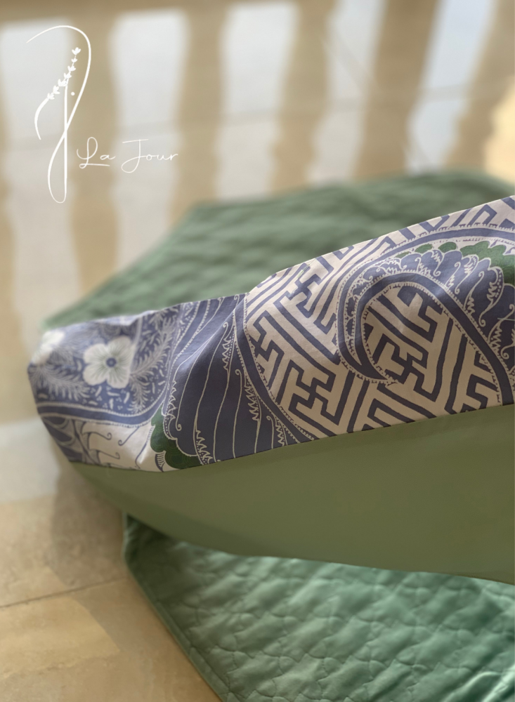 227002 Green and blue batik prayer shawl with attached scarf.