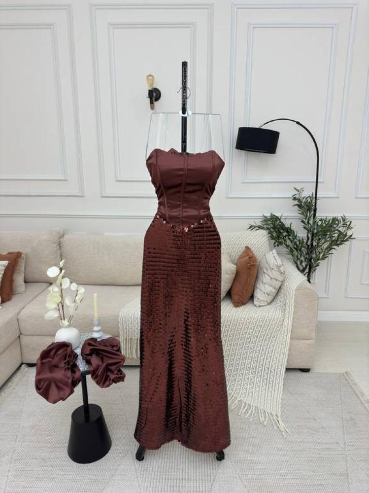 فستان ترتر بني فخم لامع من   sky fashion