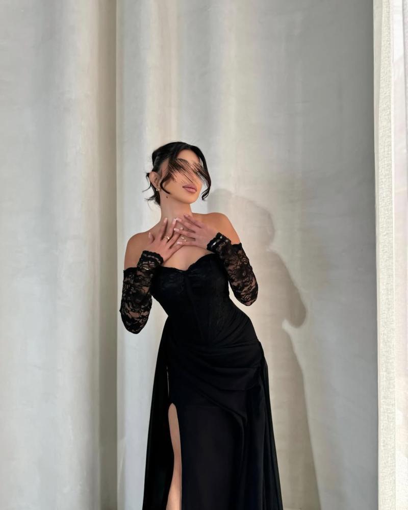 فستان أسود توب بأكمام دانتيل أنيقة