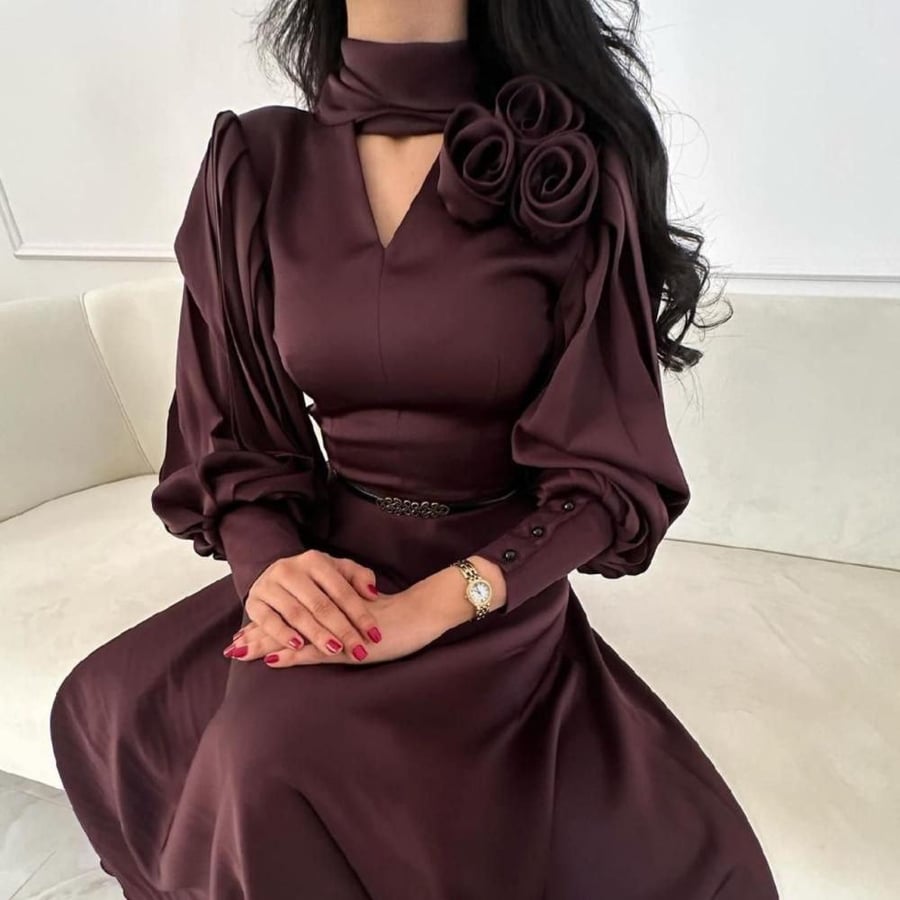 فستان سهرة بني محروق ميدي أنيق