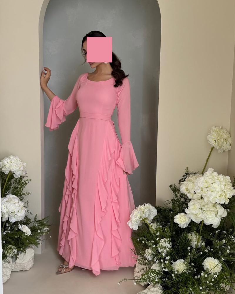 فستان العيد وردي بكسرات انيقة من sky fashion