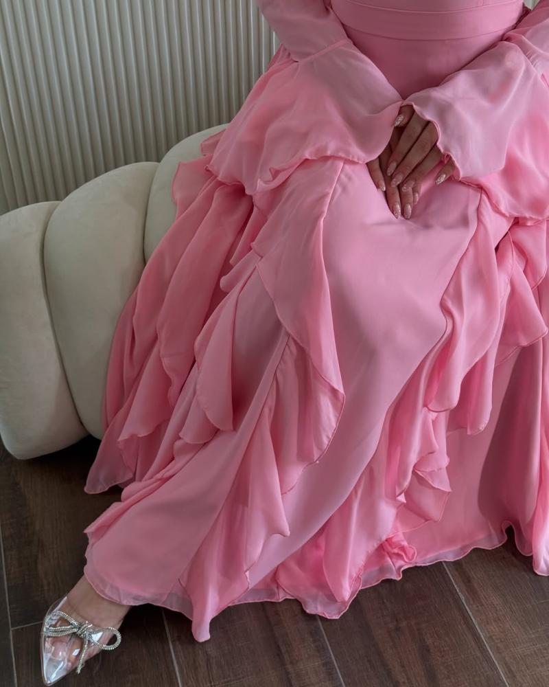 فستان العيد وردي بكسرات انيقة من sky fashion