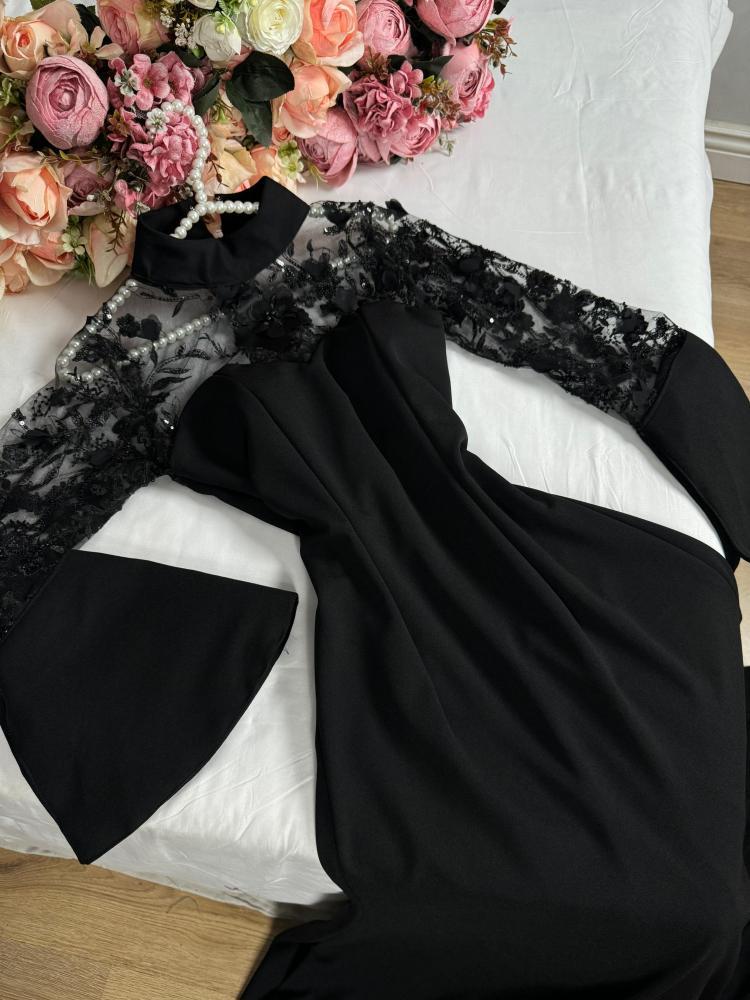 فستان سهرة أسود كريب استرتش من sky fashion