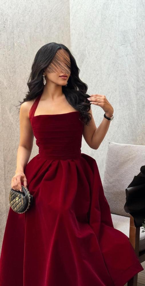 فستان احمر شتوي ميد مبطن بالكامل