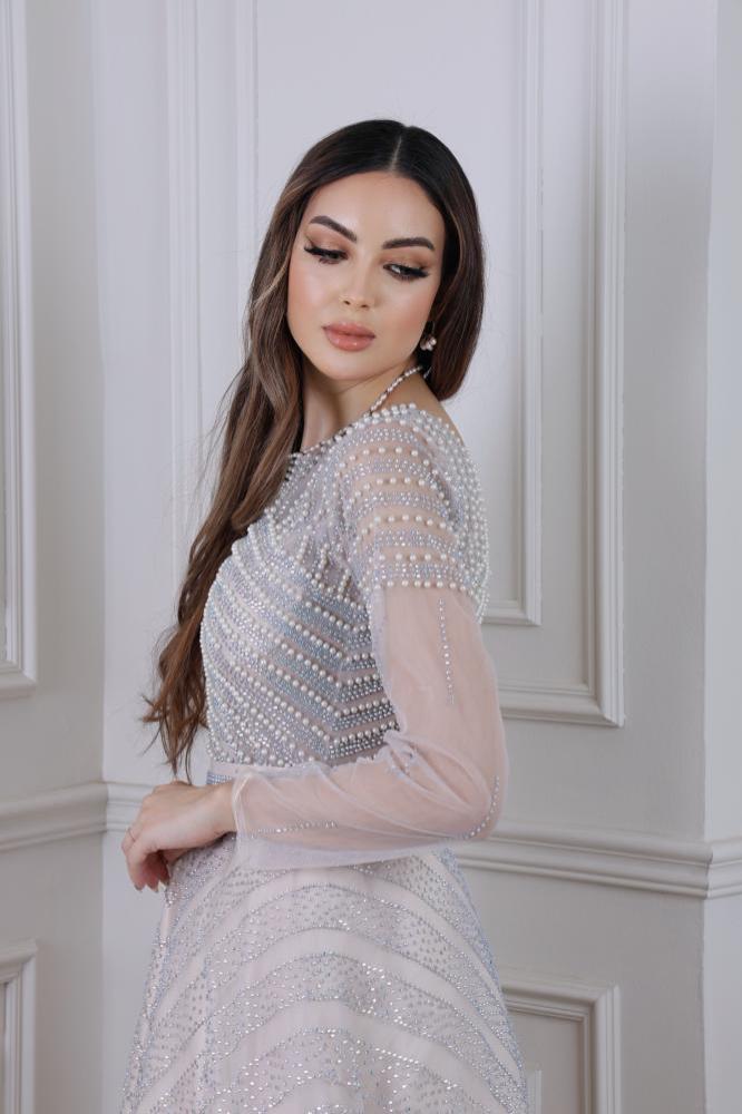 فستان سهرة لؤلؤي فخم بفصوص راقية – sky fashion