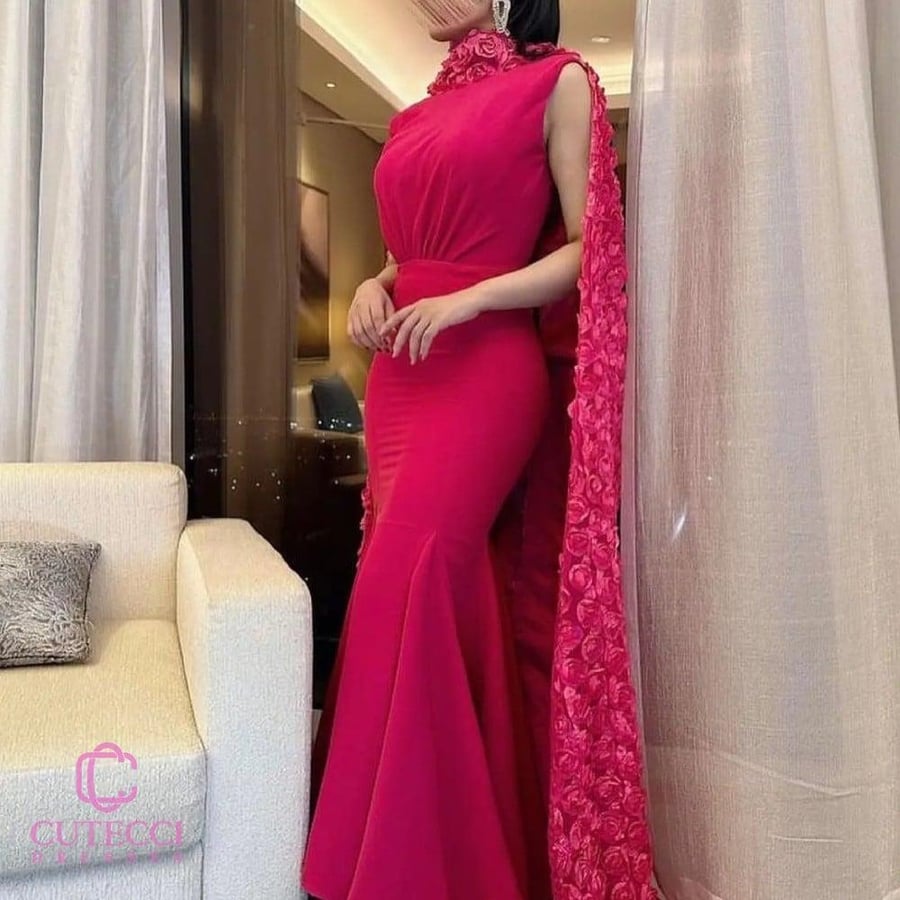 فستان سهرة فوشي كريب وشاح ورود