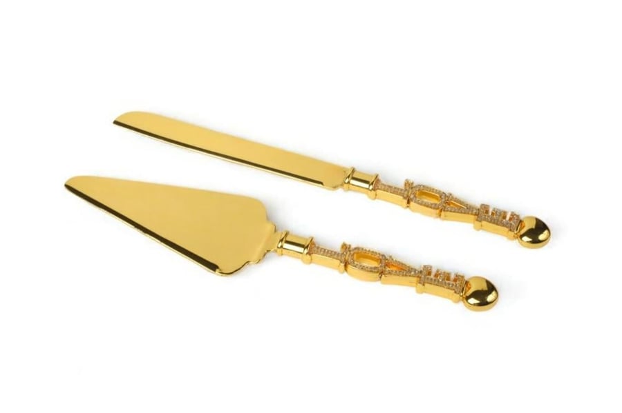 Knife set and cake holder 2 pieces stainless gold luxurious